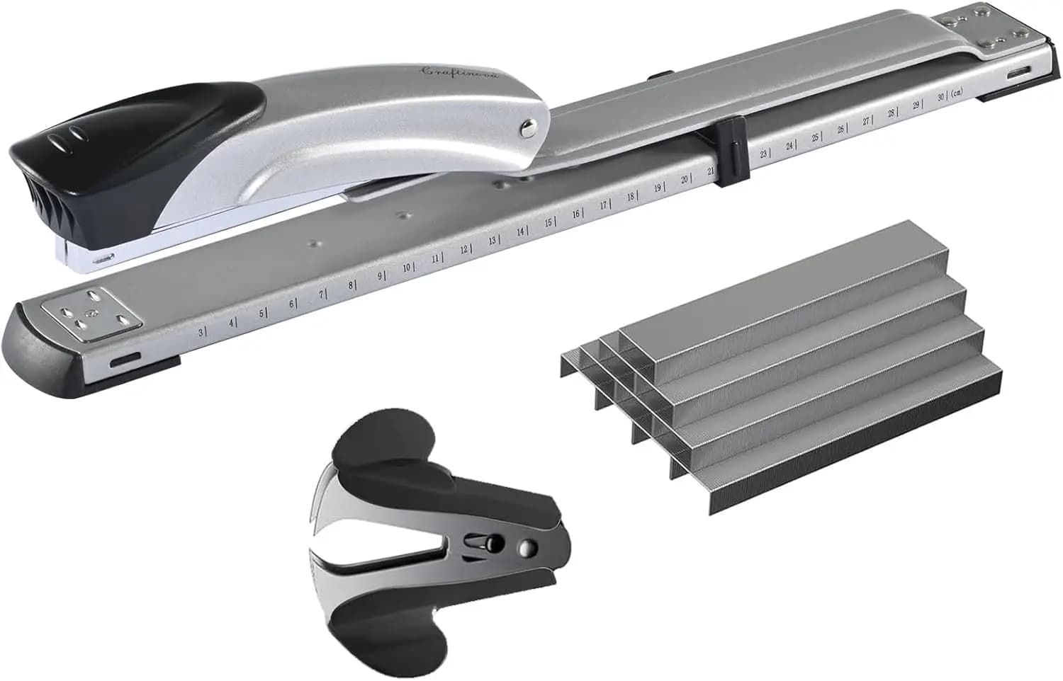 Long Reach Stapler with 2000 Staples & Staple Remover, 25-Sheet Capacity, Built-in Ruler, Adjustable Paper Guide for Office Use