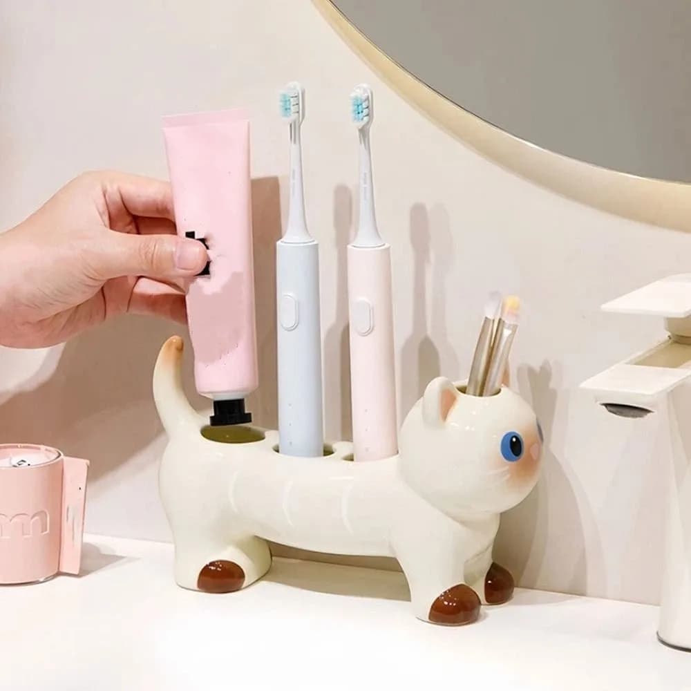 Cat Dog Shape Ceramic Toothbrush Holder 4 Holes Waterproof Toothbrush Storage Rack Whimsical Anti-Slip Base Makeup Brush Shelf