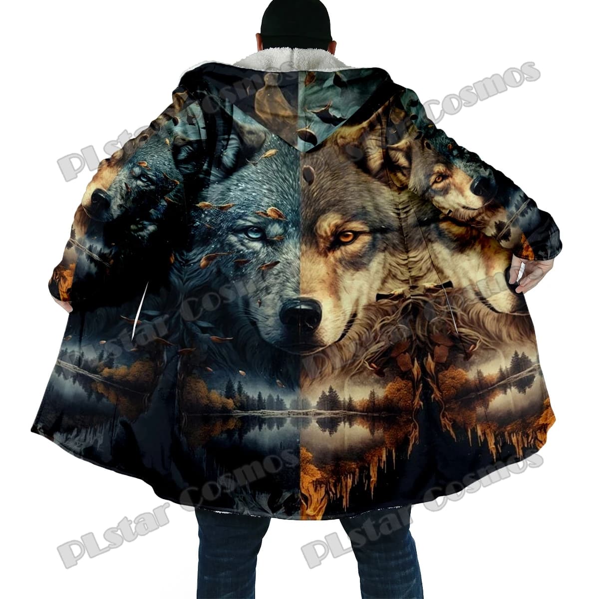 Mantello da uomo moda invernale modello lupo e luna 3D completamente stampato mantello con cappuccio in pile spesso unisex casual mantello caldo BB53
