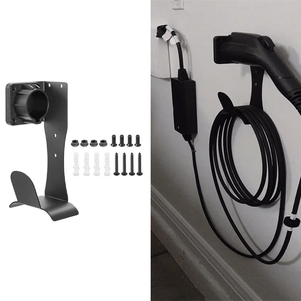 Supporto per Caricatore EV con Connettore J1772, Ganci a U in Plastica, Gestione Cavi, Design Salvaspazio