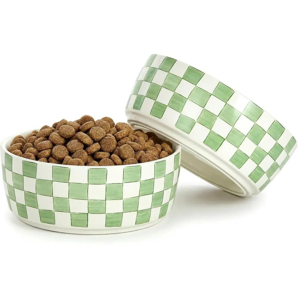 6.4 inch Hand Painted Basic Dog Bowl Set of 2 with Anti-Skid Rubber Base, Food and Water Bowls for Small Pets Green
