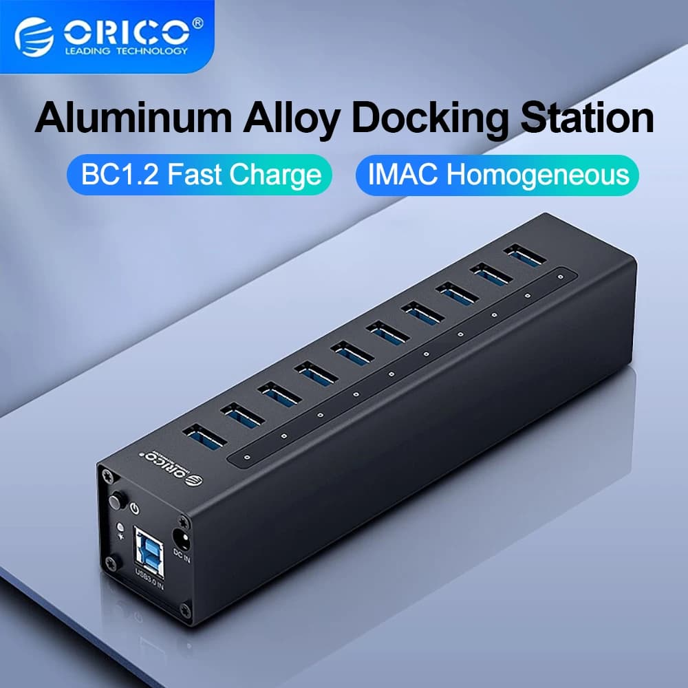 ORICO Aluminum 10 Port USB3.0 Splitter 12V 3A Power Supply Charger Data Transfer USB 3.0 Hub for PC Laptop MacBook Mobile Phone