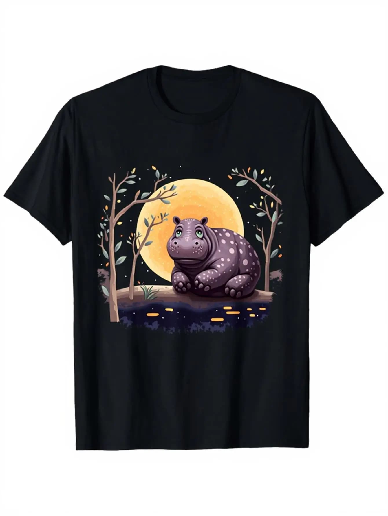 Cute Men's Black Graphic T-Shirt Moonlit Hippo Forest Trees Night Sky Cartoon Animal Illustration 100% Cotton Heavyweight Short Sleeve Casual Streetwear Tee