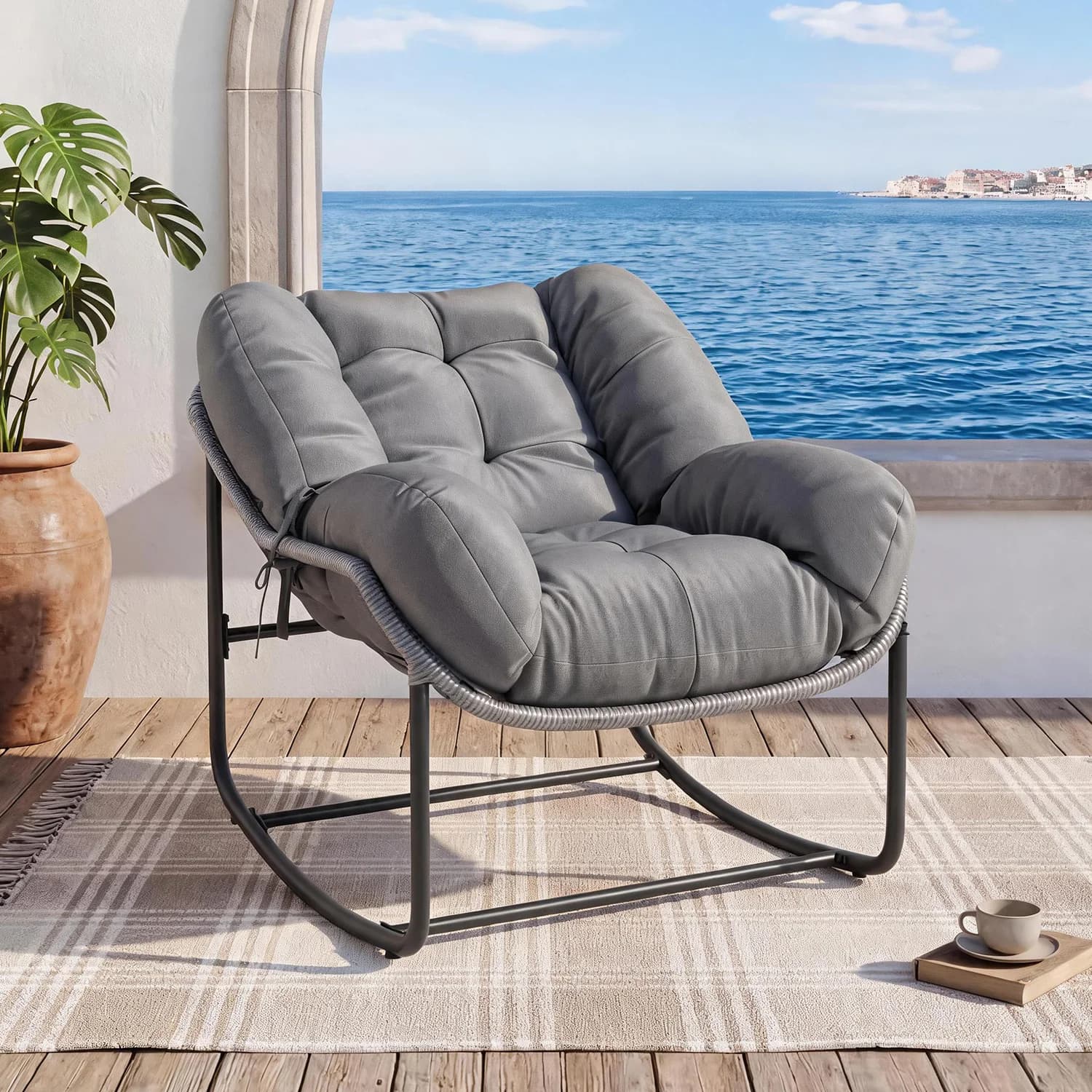 Sedia a dondolo Papasan per impieghi gravosi da 450 libbre con cuscino, in vimini e rattan per tutte le stagioni, sedia a uovo da patio, poltrona reclinabile da esterno per veranda