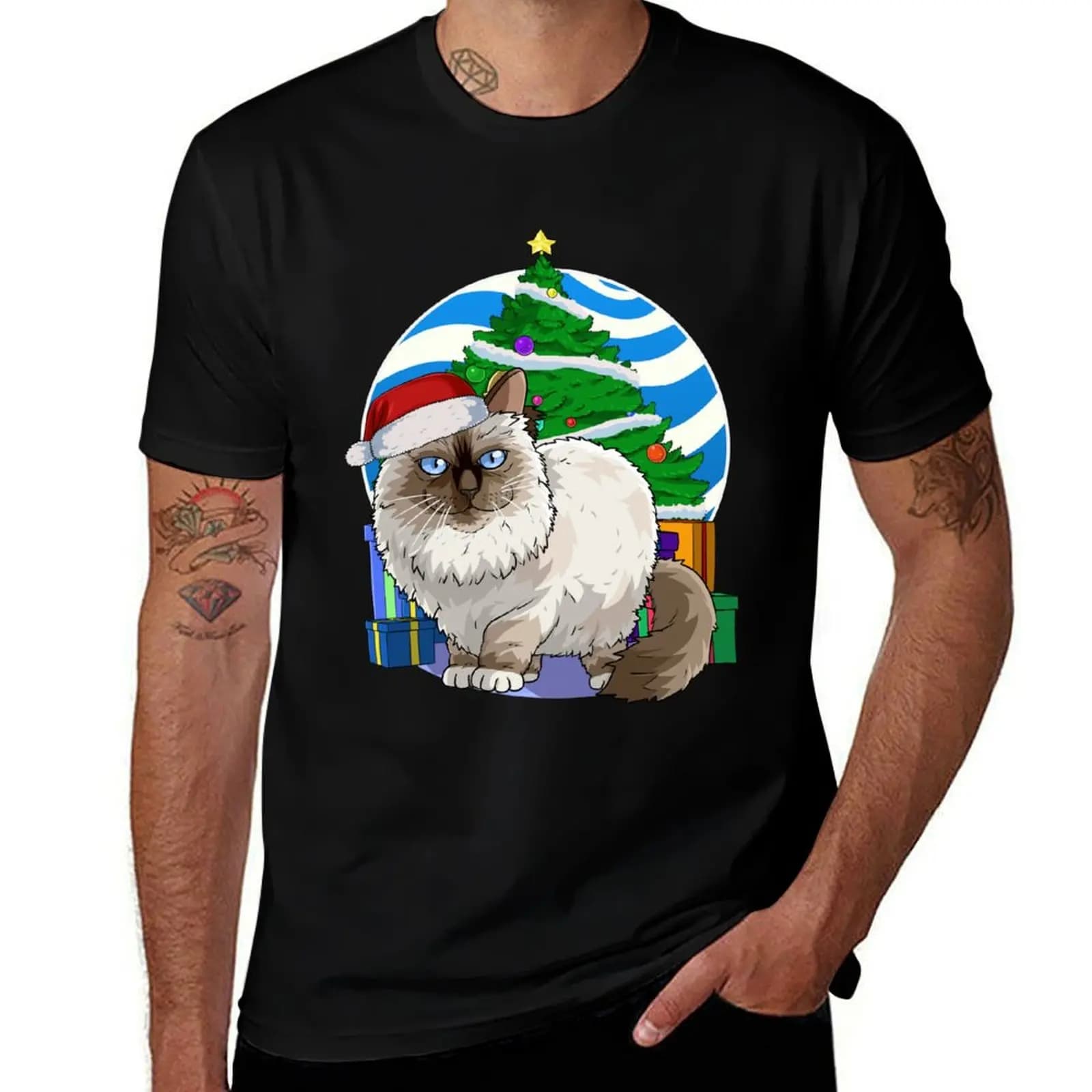 Birman Cat Santa Christmas Tree Gift T-Shirt Christmas Casual Tee Shirt T-Shirt