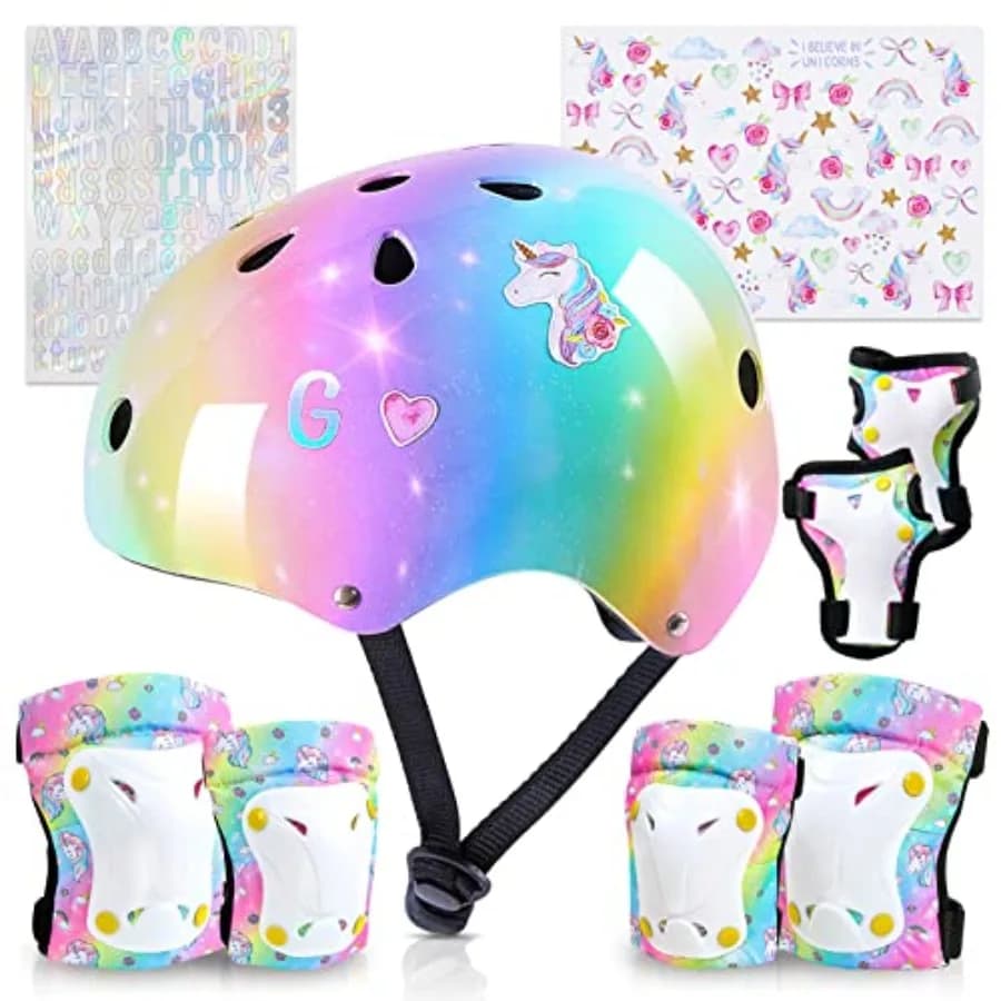 Children's helmet with Customizable Stickers, Protective Set with Unicorn Knee Pads and Elbows, Adjustable Protective Set for Girls