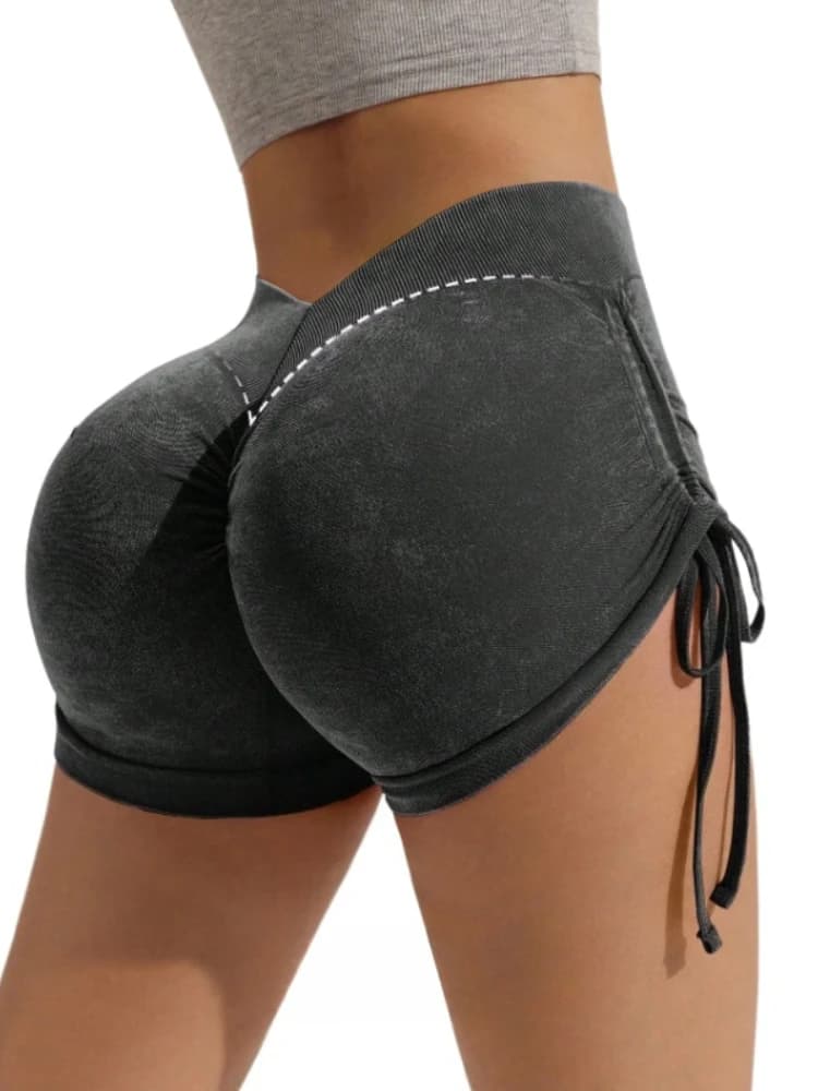 Pantaloncini sportivi da donna in tessuto opaco, tre quarti, con coulisse, stile europeo e americano, per yoga e fitness, effetto push-up sui glutei