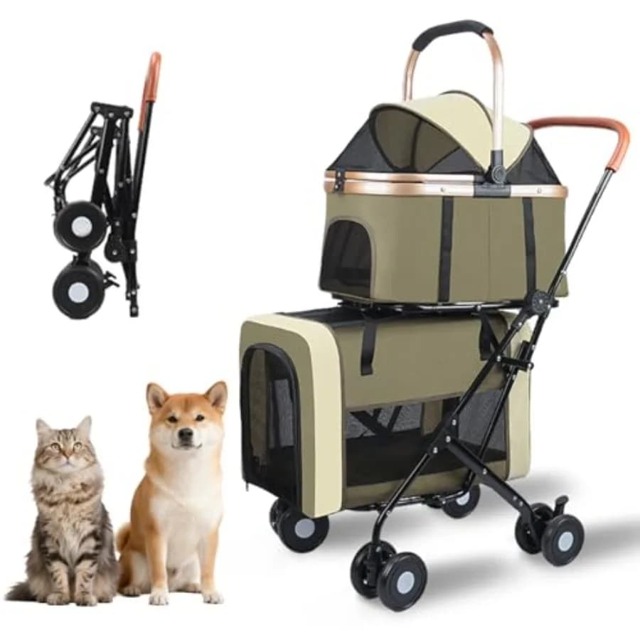 Passeggino pieghevole doppio per cani e gatti: telaio leggero in alluminio, colore nero, supporta fino a 35 kg, cestino rimovibile