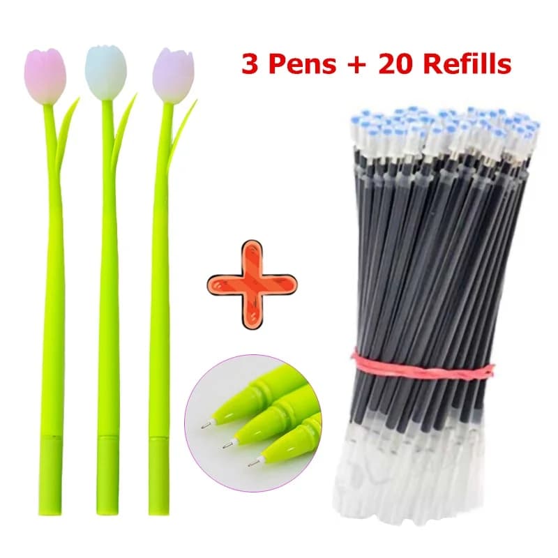 3 penne gel + 20 ricariche Penne gel da 0,38 mm Penne firmate in silicone tulipano pesca per piante creative