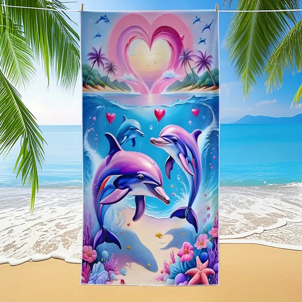 Telo Mare Grande con Stampa Delfino Tropicale, Design Estivo per Vacanze, Decorazione da Spiaggia, Tappetino Regalo, Tema Vita Marina e Resort