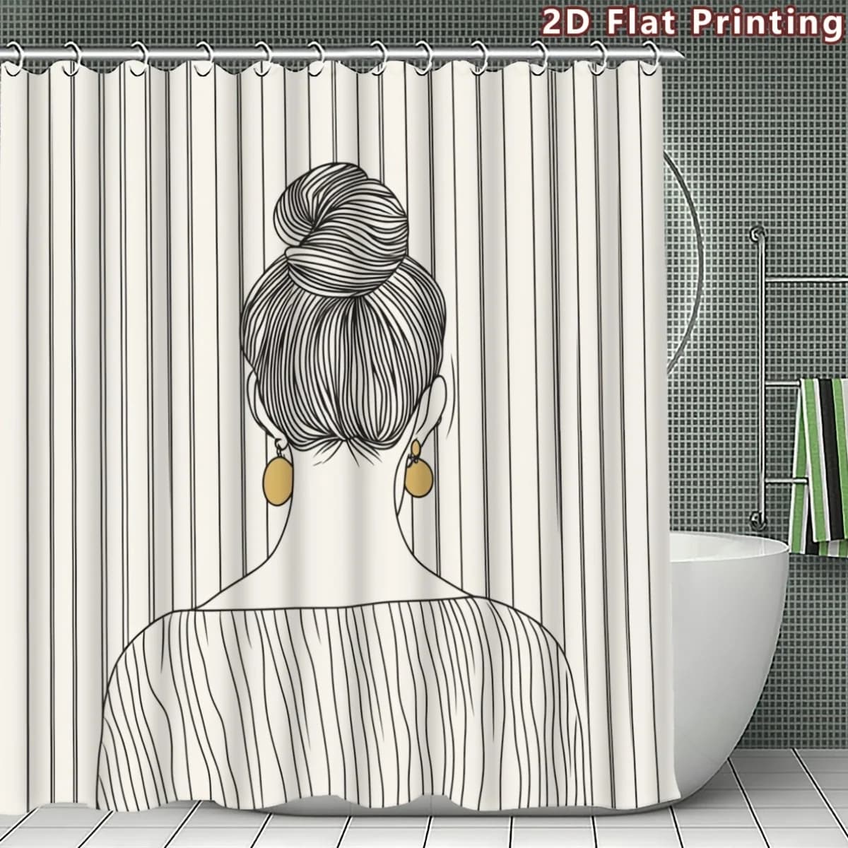 Fashion Girl Back View Shower Curtain, Bun Hairstyle & Gold Earrings, Minimalist Line Art, Waterproof Polyester Fabric