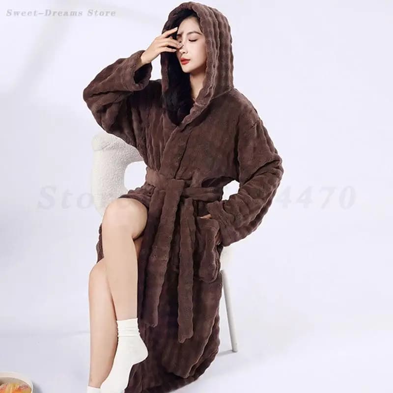 Autumn Winter New Women's Dress Flannel Night Dresses Night Shirt Dresses For Home Trained Bathrobe With Hood Bed Garments In Pile Coral Pigiama
