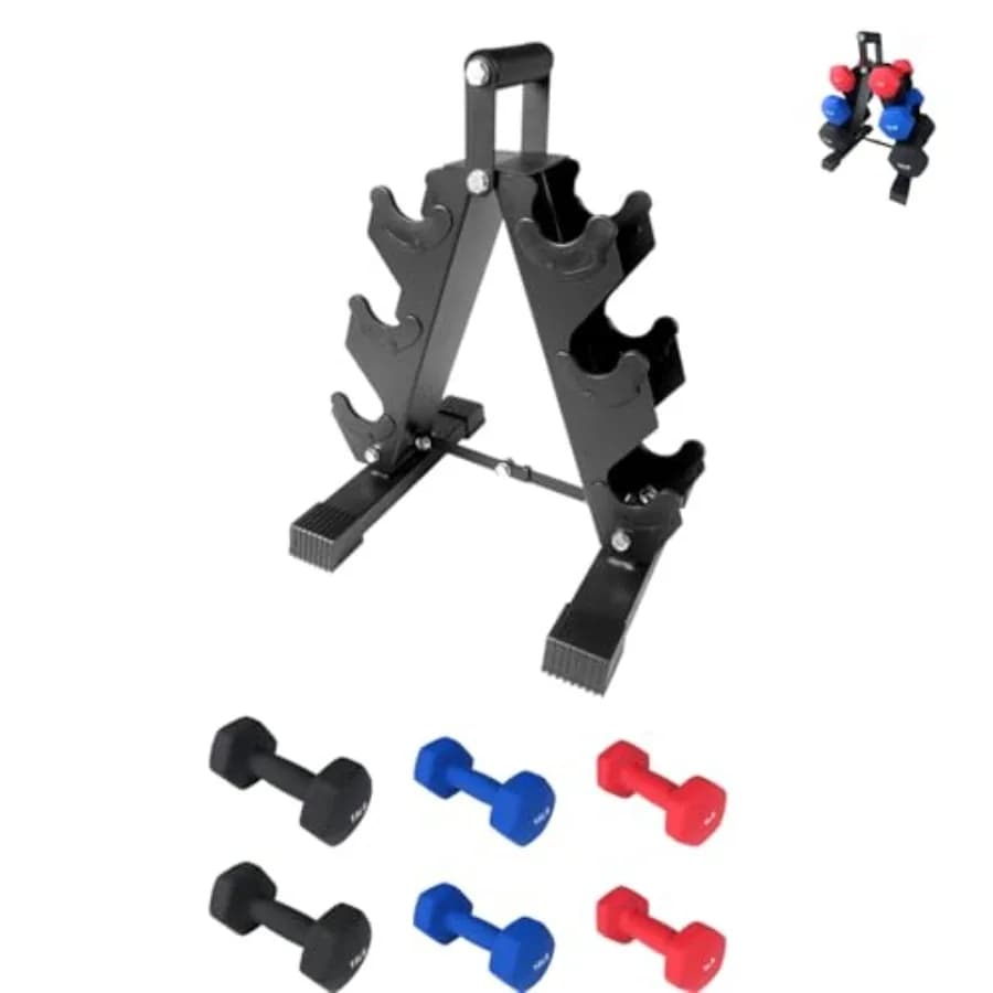 Set di manubri esagonali rivestiti in PVC con supporto pieghevole, impugnatura antiscivolo, diverse opzioni di peso, confezionati in coppia, ideali per la palestra di casa