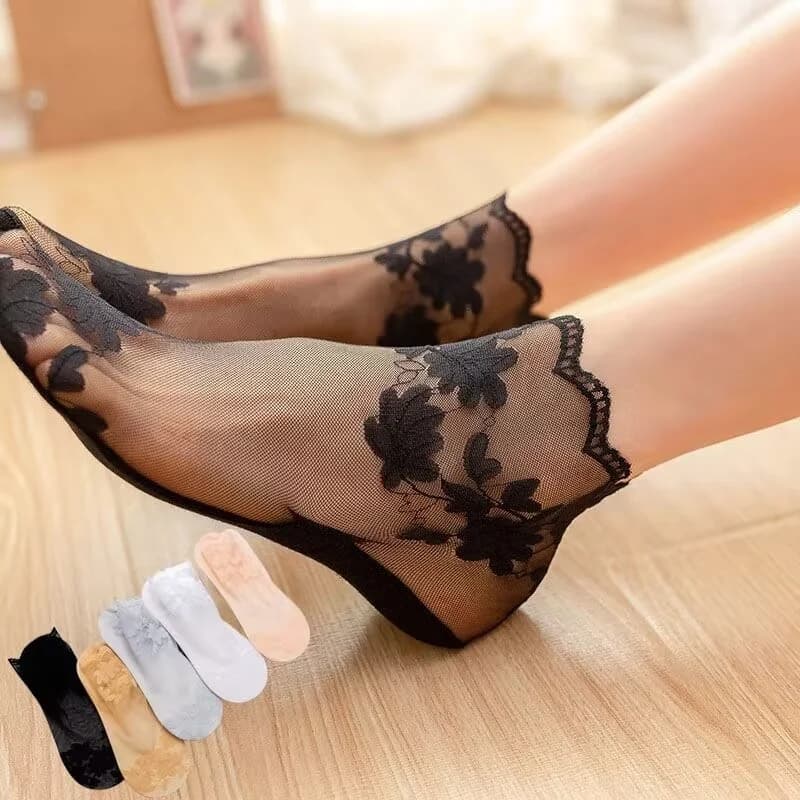 5 paia/lotto di calzini da donna in pizzo trasparente, estivi, sottili, a barca, traforati, antiscivolo, eleganti con fiori, calzini bassi da donna