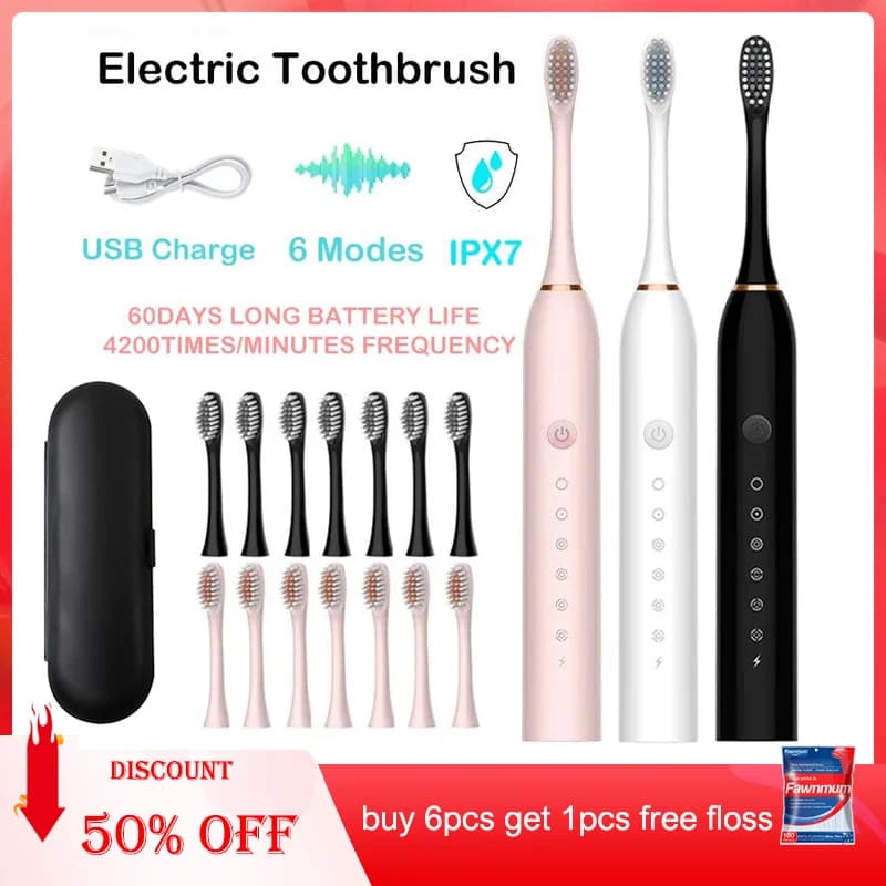 Sonic electric toothbrush with intelligent timer for adults Tooth cleaning Whitening Replacement brush for fast USB rechargeable toothbrush