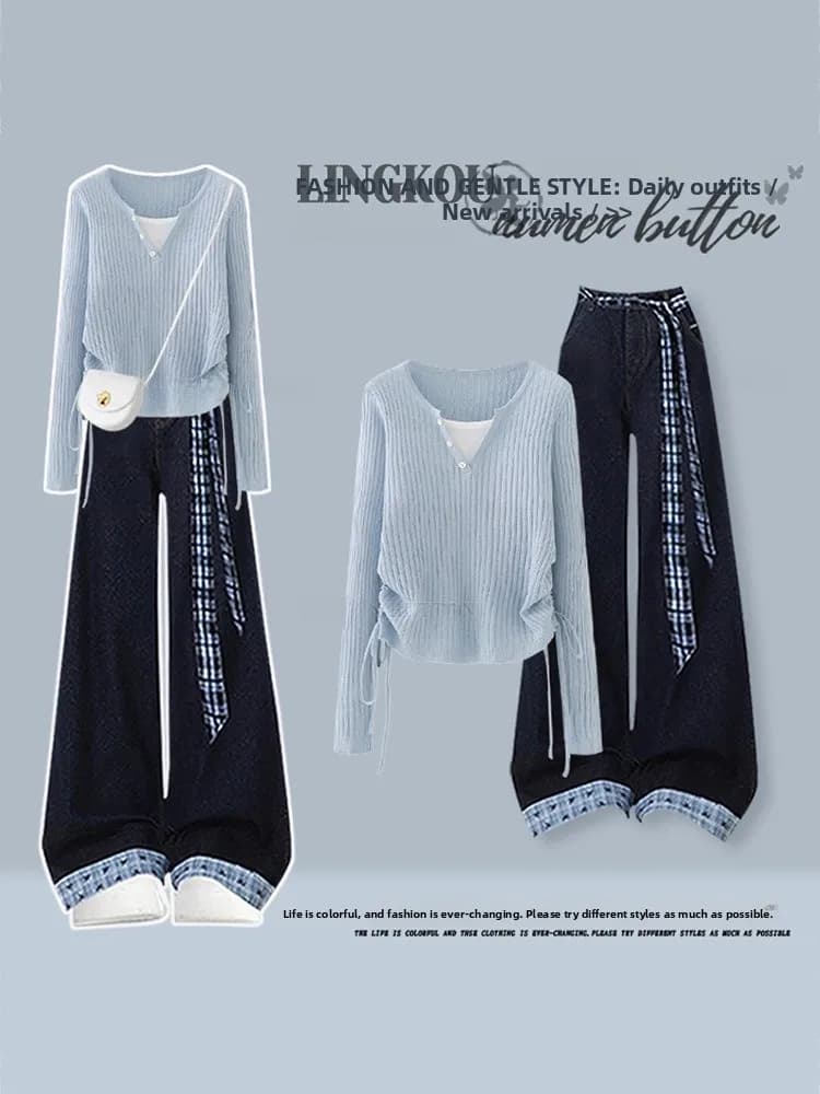 Korean Style High Waist Knitted Top And Vintage Jeans Two-Piece Set for Women Autumn Season Fashion Ensemble Casual Wear