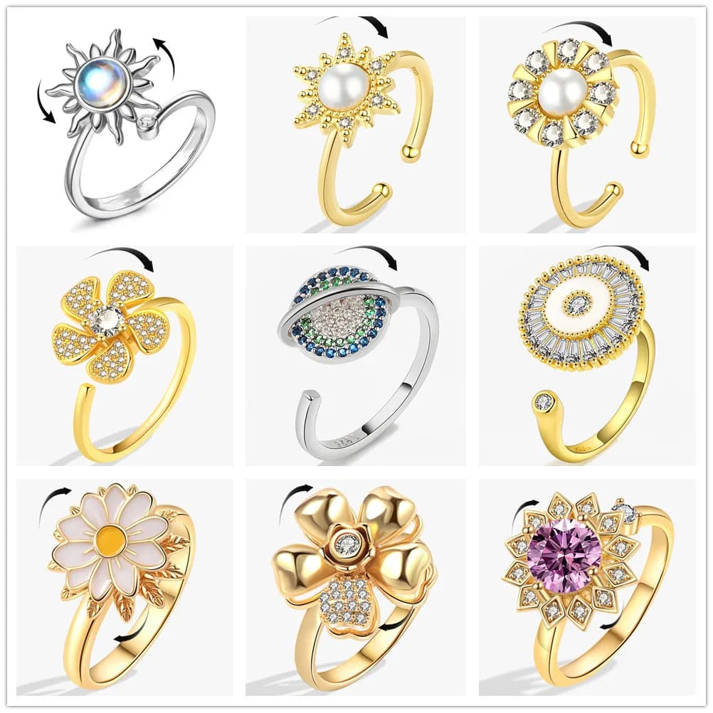 Anello Vintage a Forma di Girasole con Spinner per Donne, Regolabile, con Diamante, Anti-Ansia, per Matrimoni e Feste