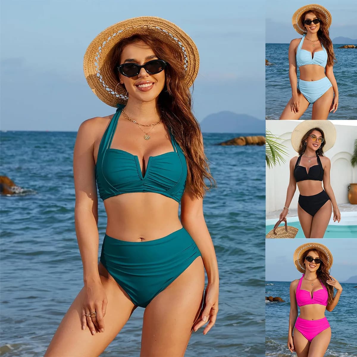 2025 New Women's Swimsuit Fashion Solid Color Bikini Hanging Neck Sexy Swimsuit High Waist Bikini Set