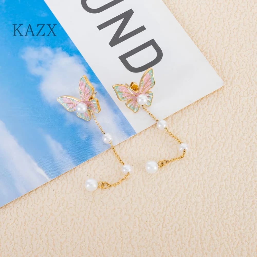 KAZX Long Tassel Dangle Earrings 316L Steel Enamel Butterfly Imitation Pearl Stud Ear Jewelry