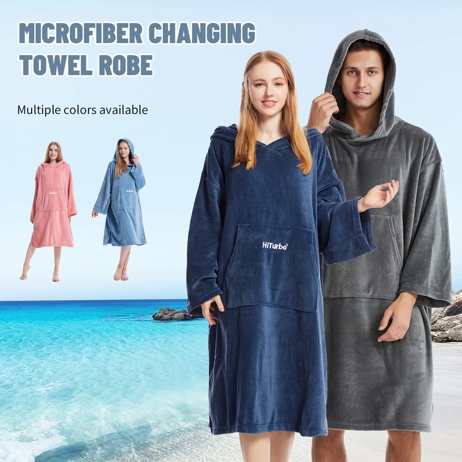 Swimwear poncho, unisex bathrobe with hood, super soft swim poncho towel with pocket and hood