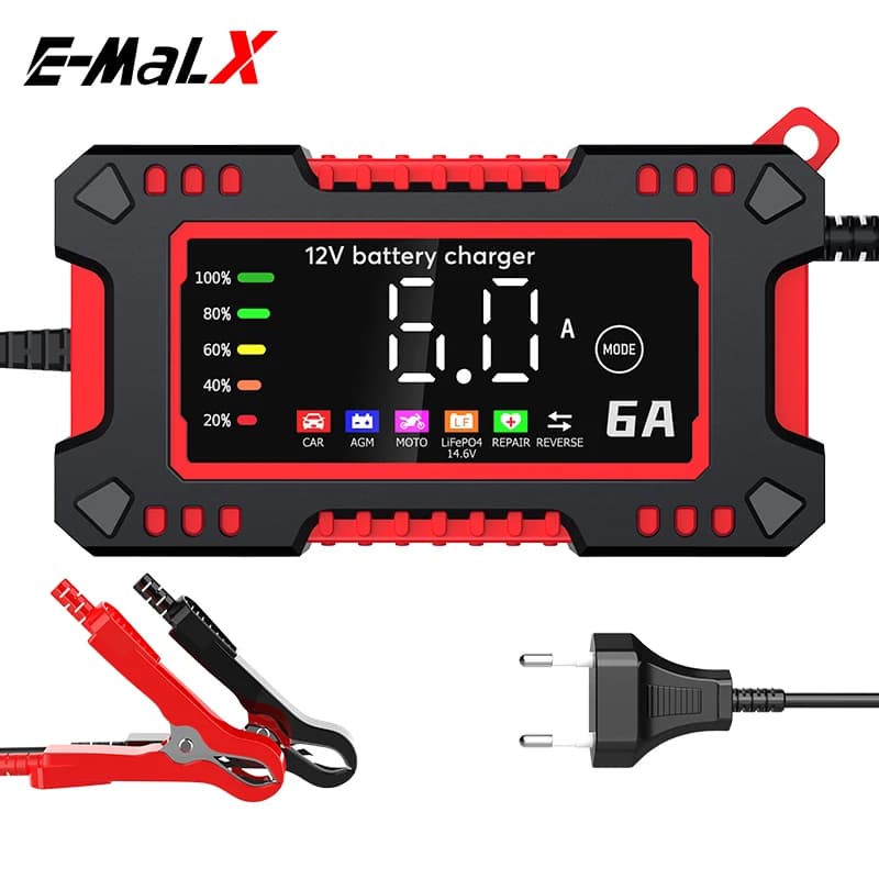 Caricabatteria per auto 6A 12V Unità di ricarica batteria per auto e moto Display LCD per riparazione batteria al piombo