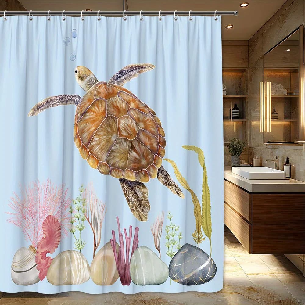 Tenda da doccia a tema oceano da 1 pezzo - Tartaruga marina e corallo, poliestere, lavabile in lavatrice, tessuto tessuto, arredamento per il bagno