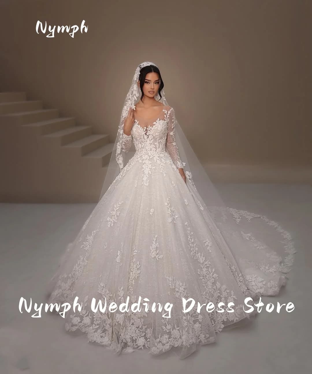 Abiti da Sposa in Pizzo Personalizzati per Donna Primavera 2026, Vestito da Sposa Principessa con Collo a O e Maniche Lunghe, Vestidos De Novias