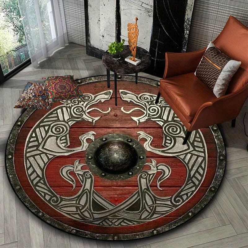 Round carpet with medieval Viking shield pattern, non-slip decorative mat for living room, games room, bedroom, yoga and travel