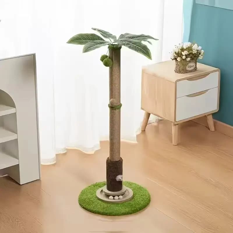 Tall Areca Palm Leaf Style Cat Tree Sisal Rope Scratching Post With Mouse Teaser Cat Toy