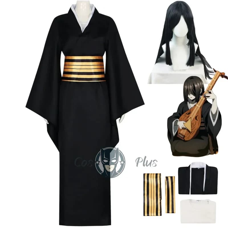 Anime Demon Slayer Nakime Costume Cosplay Ragazza Kimono nero giapponese Vestito di Halloween Abito Accappatoio Parrucca Donna Vestito di carnevale