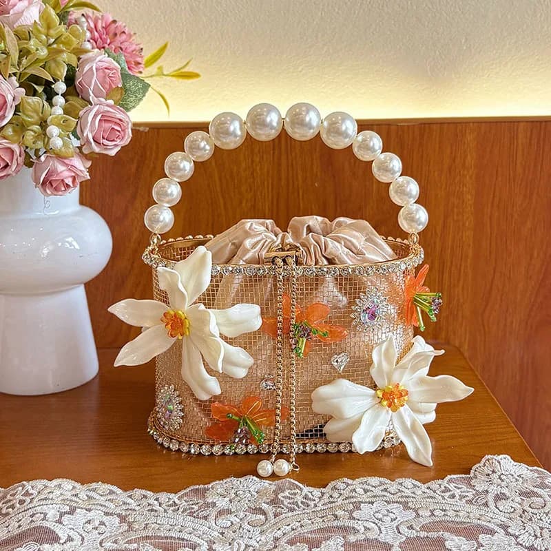 Flower Evening Clutch Bag Purse Handbag Shoulder Bag Shiny Crystal Clutch Purse Bucket Bag Pearl Handle Cage Bag Rhinestone Bag