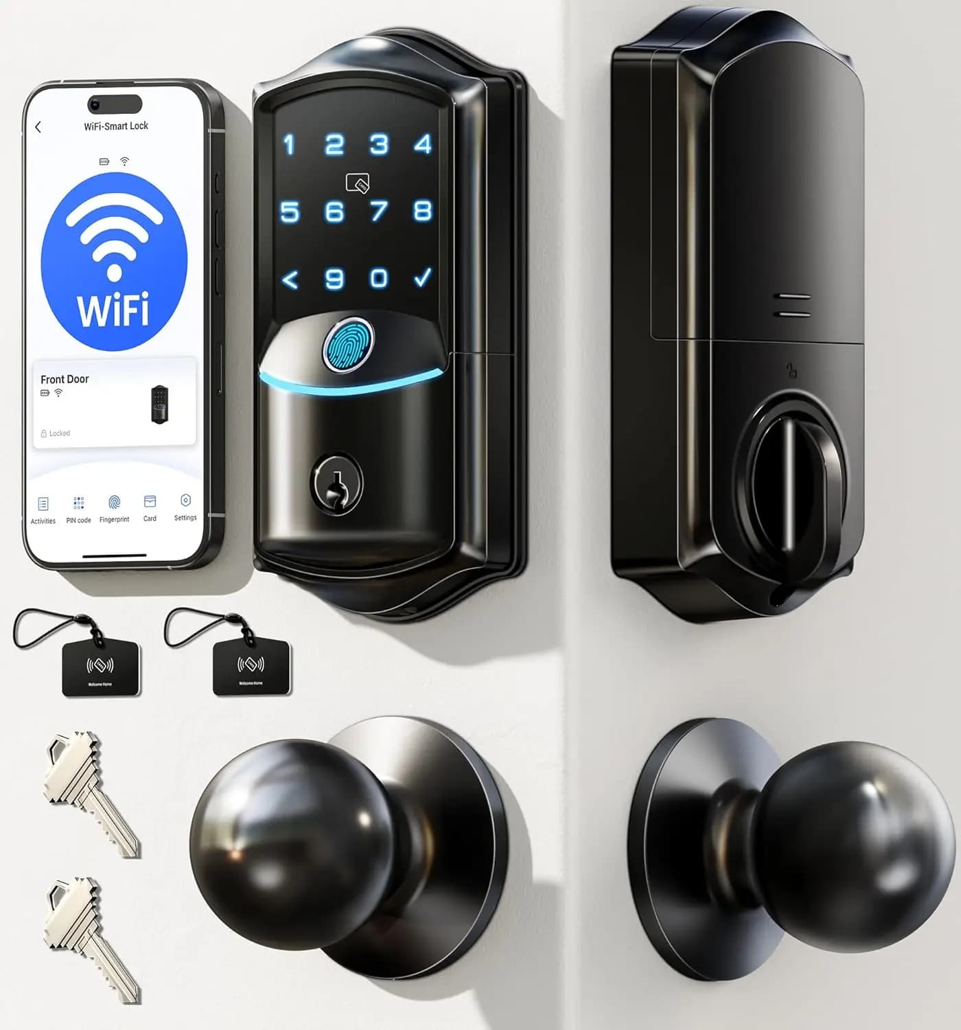Serratura Intelligente con WiFi, Impronta Digitale e Tastiera - Set Maniglia per Porta d'Ingresso Impermeabile IP65 Nero Opaco