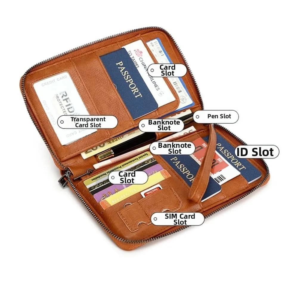 PU Leather Passport Clip Wallet Anti-Theft Large Capacity Travel Document Bag Wear-Resistant Waterproof