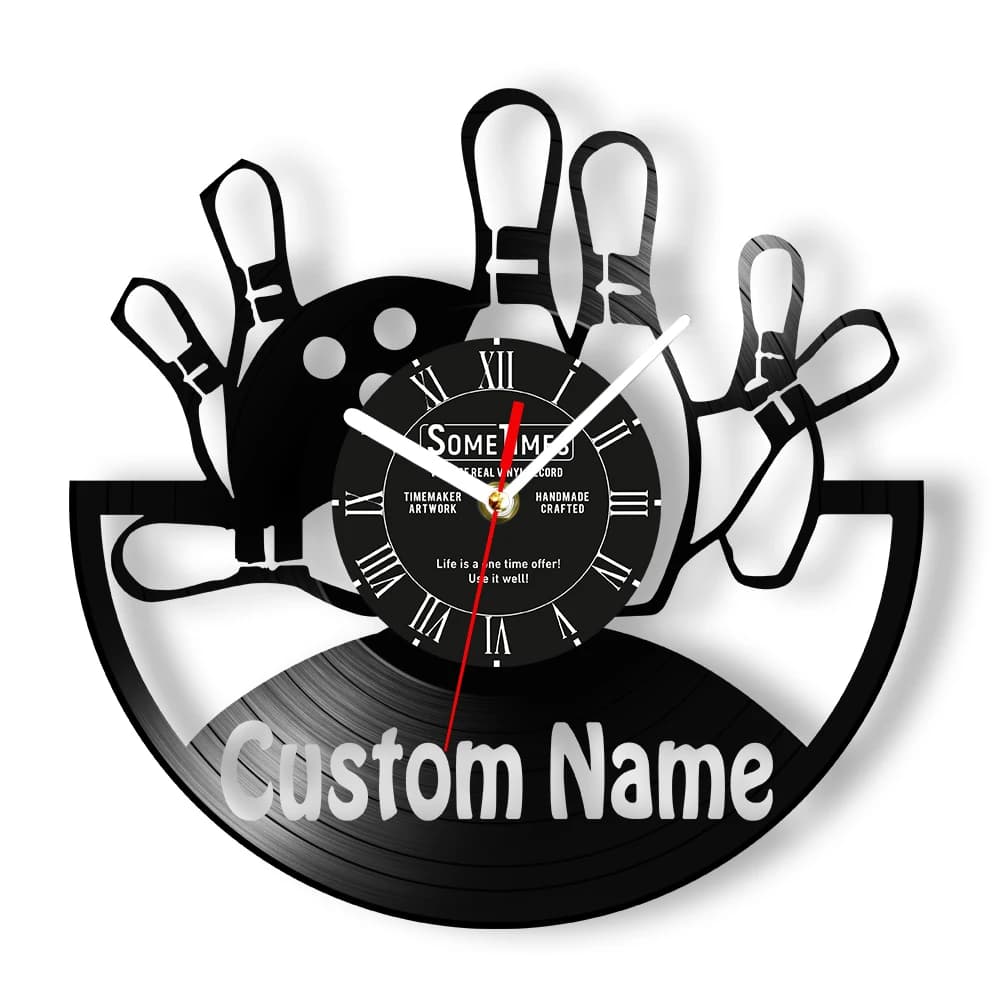 Custom wall clock with bowling name, vinyl disc, for man, cave, games room, bowling club, handicraft watch with custom cut
