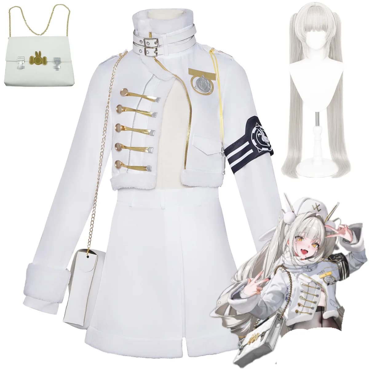 Costume Cosplay Anime Game Youk Blanc, Cappotto Bianco Fortune Express, Gonna, Cappello, Borsa, Parrucca, Completo Sexy da Donna per Carnevale e Halloween