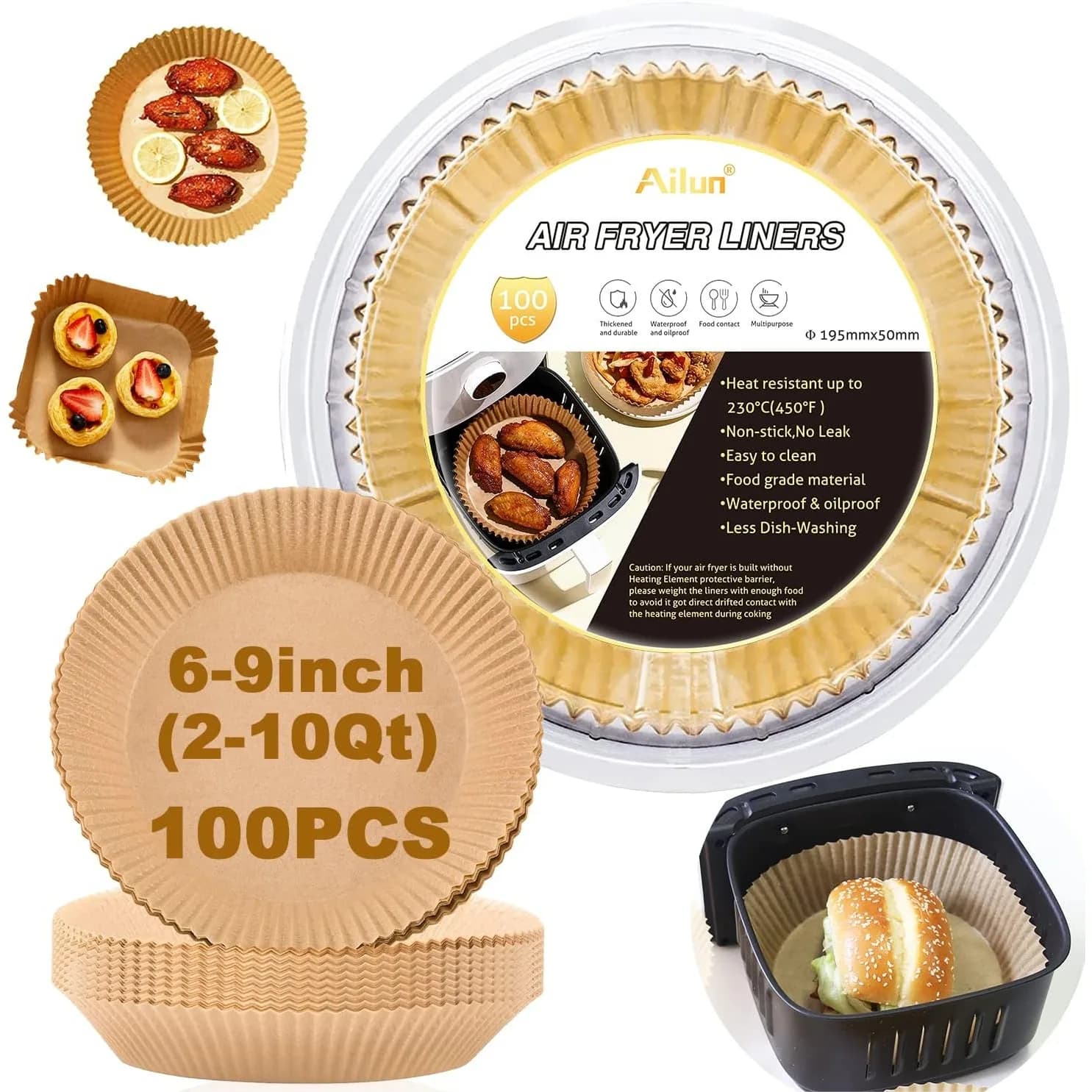 Carta da forno Ailun per friggitrice ad aria da 8 pollici, 100 pezzi, carta pergamena antiaderente, resistente all'olio, usa e getta, per friggitrice ad aria da 5-8 QT