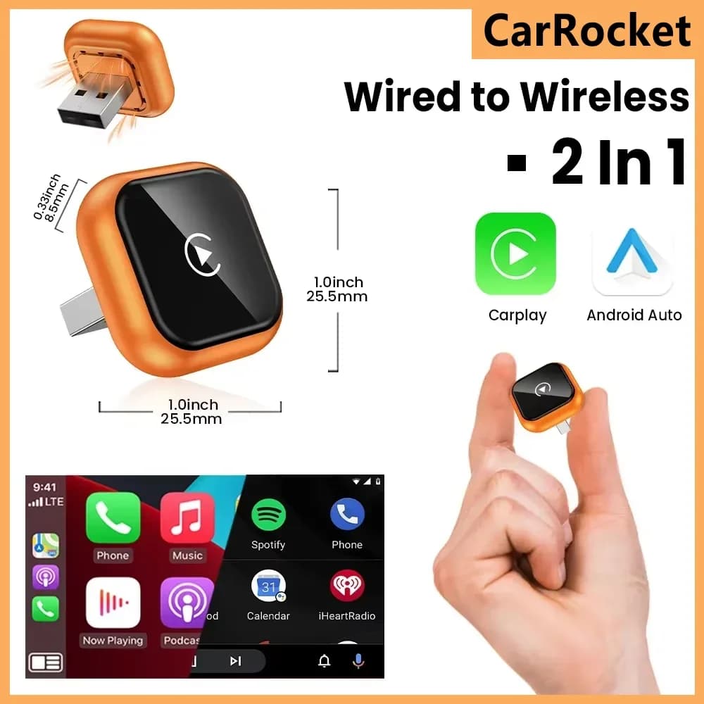 Adattatore CarRocket 2 in 1 Wireless CarPlay Android Auto, dongle USB Smart Mini Box Plug & Play, Wi-Fi 5G, Bluetooth, per il 98% delle auto con CarPlay.
