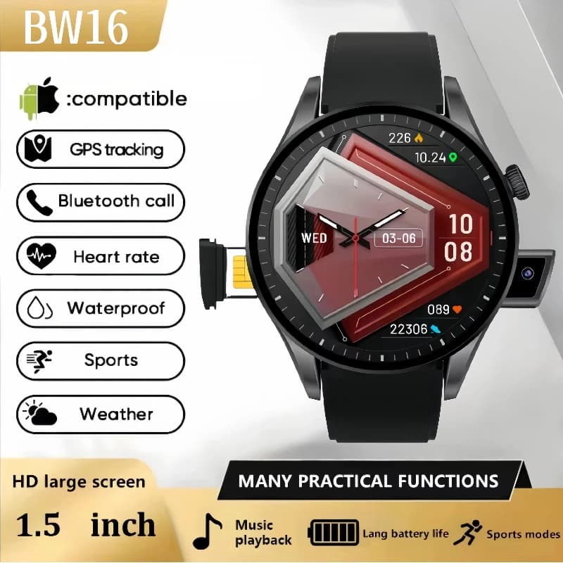 BW16 New SIM Card Smart Watch 1.5 Inch Bluetooth Camera Call Waterproof Music Heart Rate Multi-sport Mode Smartwatch Man Woman