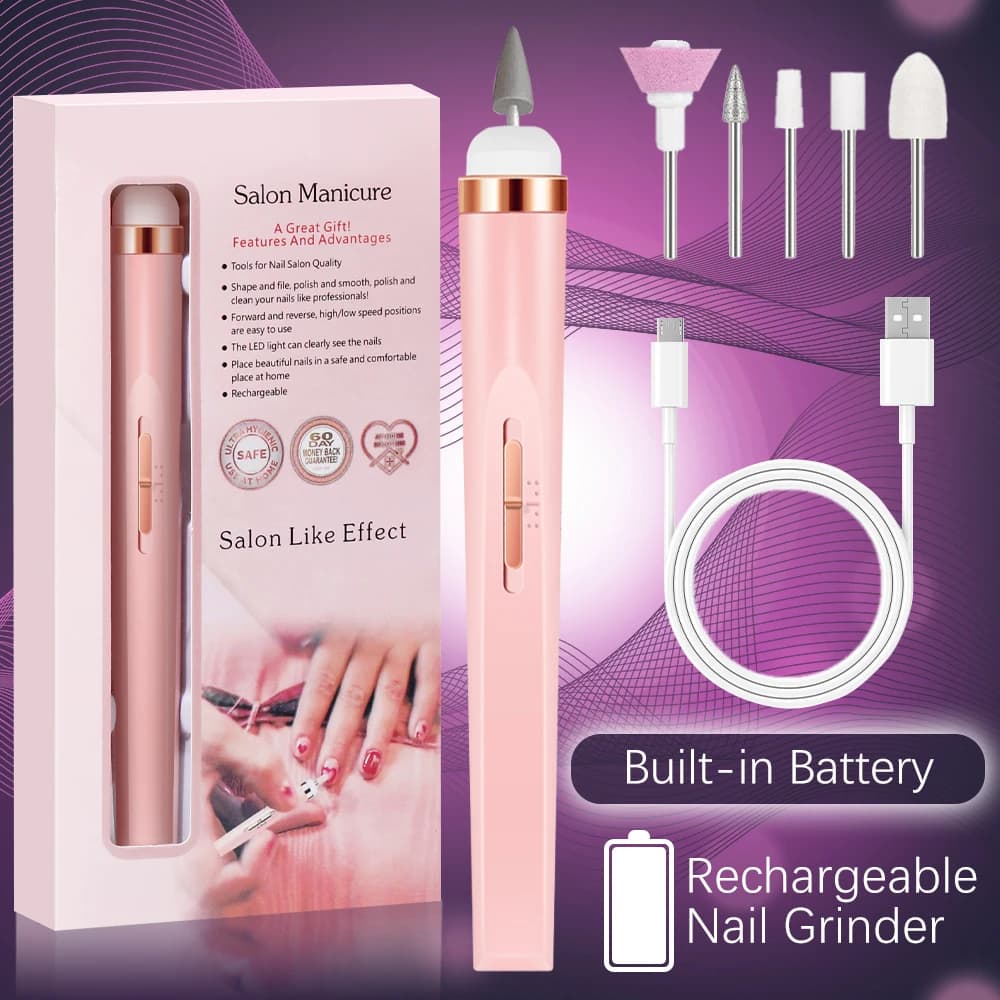 LULAA Trapano elettrico per unghie portatile per la cura della lima per unghie con 5 punte per trapano ad attacco Carica USB per strumenti per manicure e pedicure