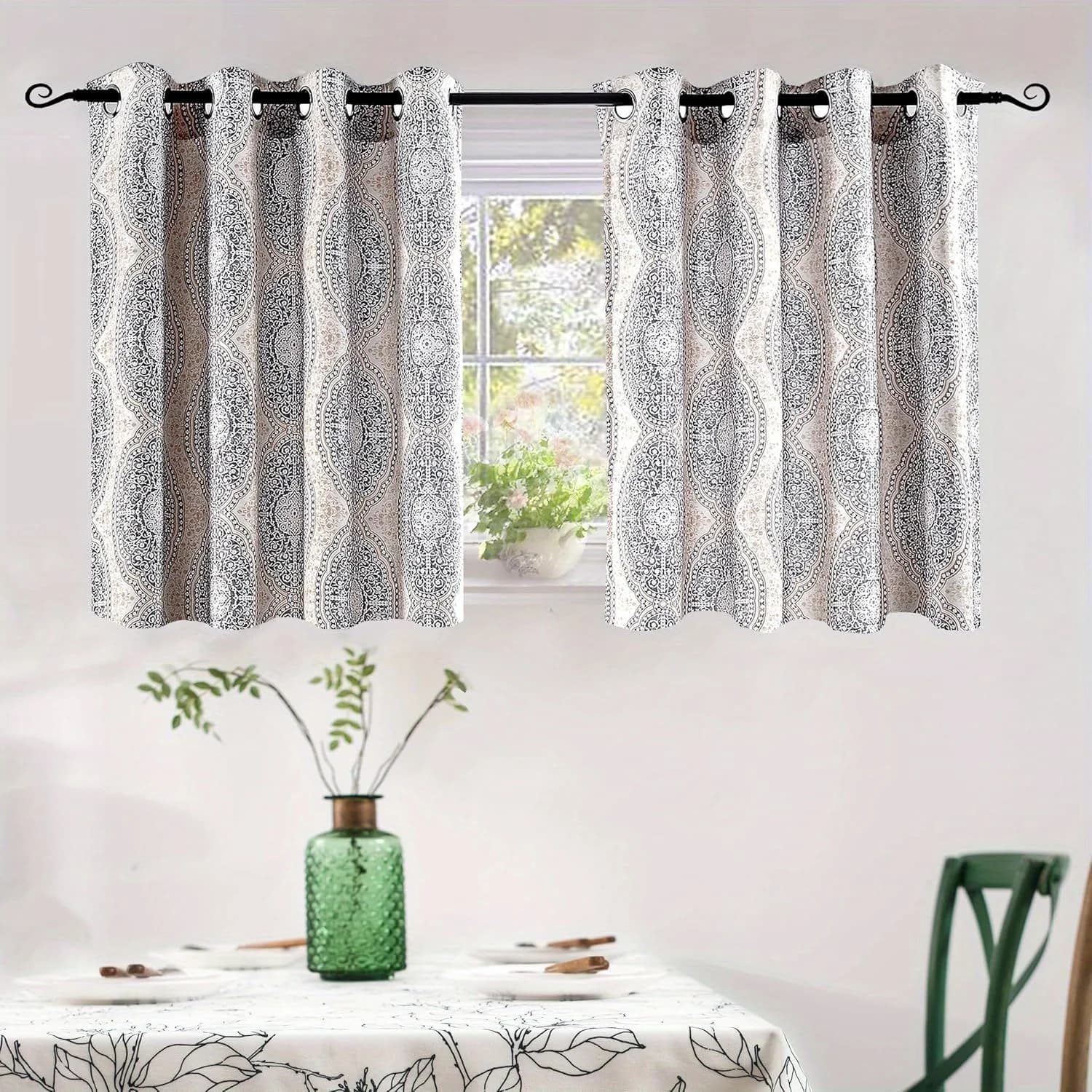 Damask Pattern Grommet Curtains For Living Room Bedroom Thermal Insulated Window Treatments 2 Panels