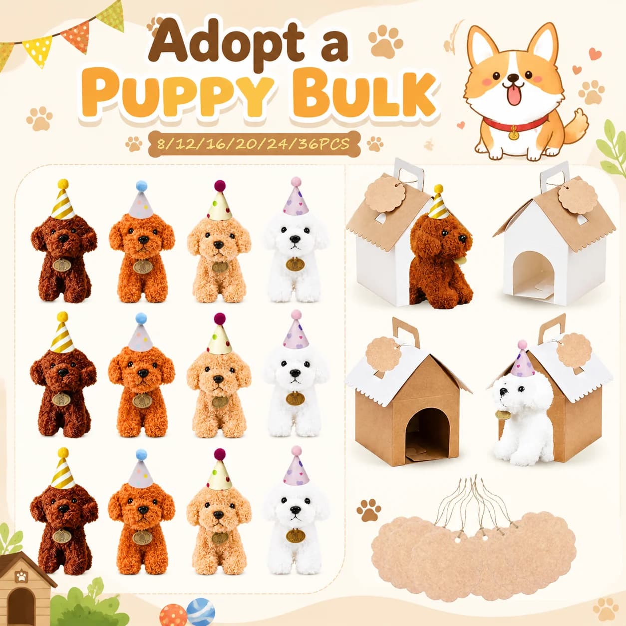 12-36 Pezzi di Peluche a Forma di Cucciolo con Scatole di Carta e Cappellini, Gadget per Feste 'Adotta un Cucciolo', Portachiavi a Forma di Cane per Bambini