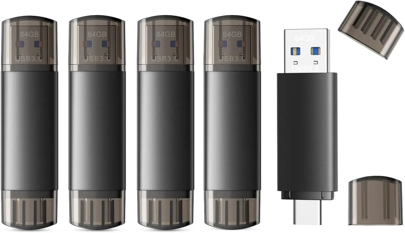 Chiavetta USB C da 64GB con doppia porta USB 3.0 Type-C + USB A, portatile, per smartphone, tablet, computer, Mac, iPhone, nera (confezione da 5)
