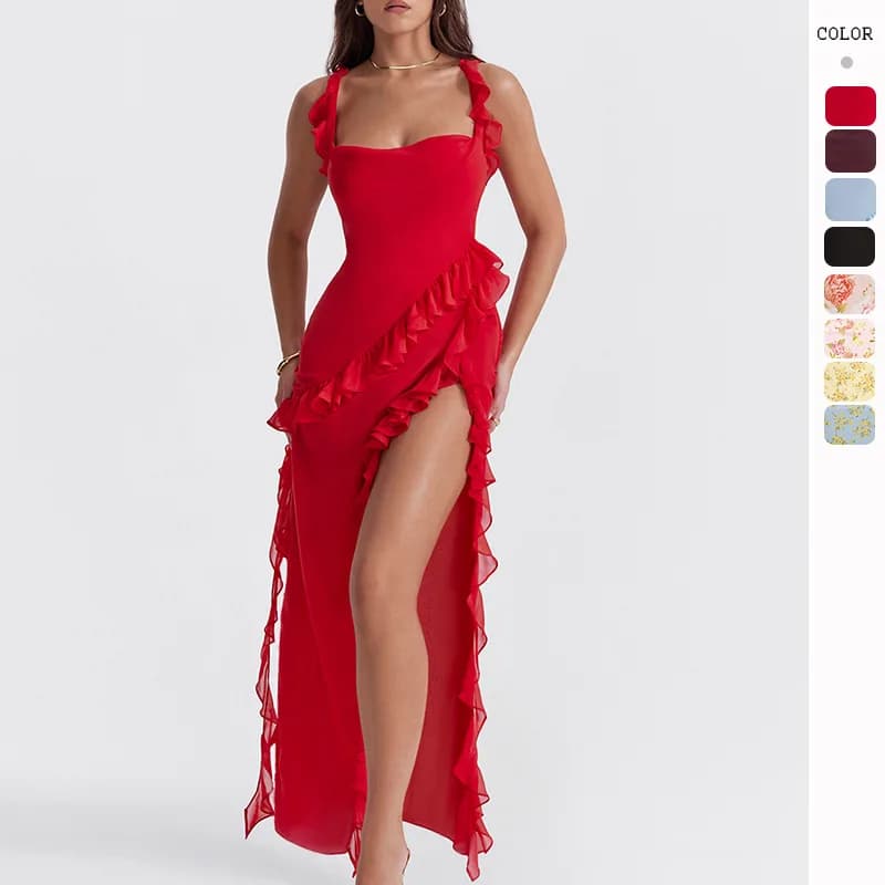 Dress 2026 European and American Summer New Style French Solid Color Suspender Earrings Design Hot Girl Waist Slit Long Dress