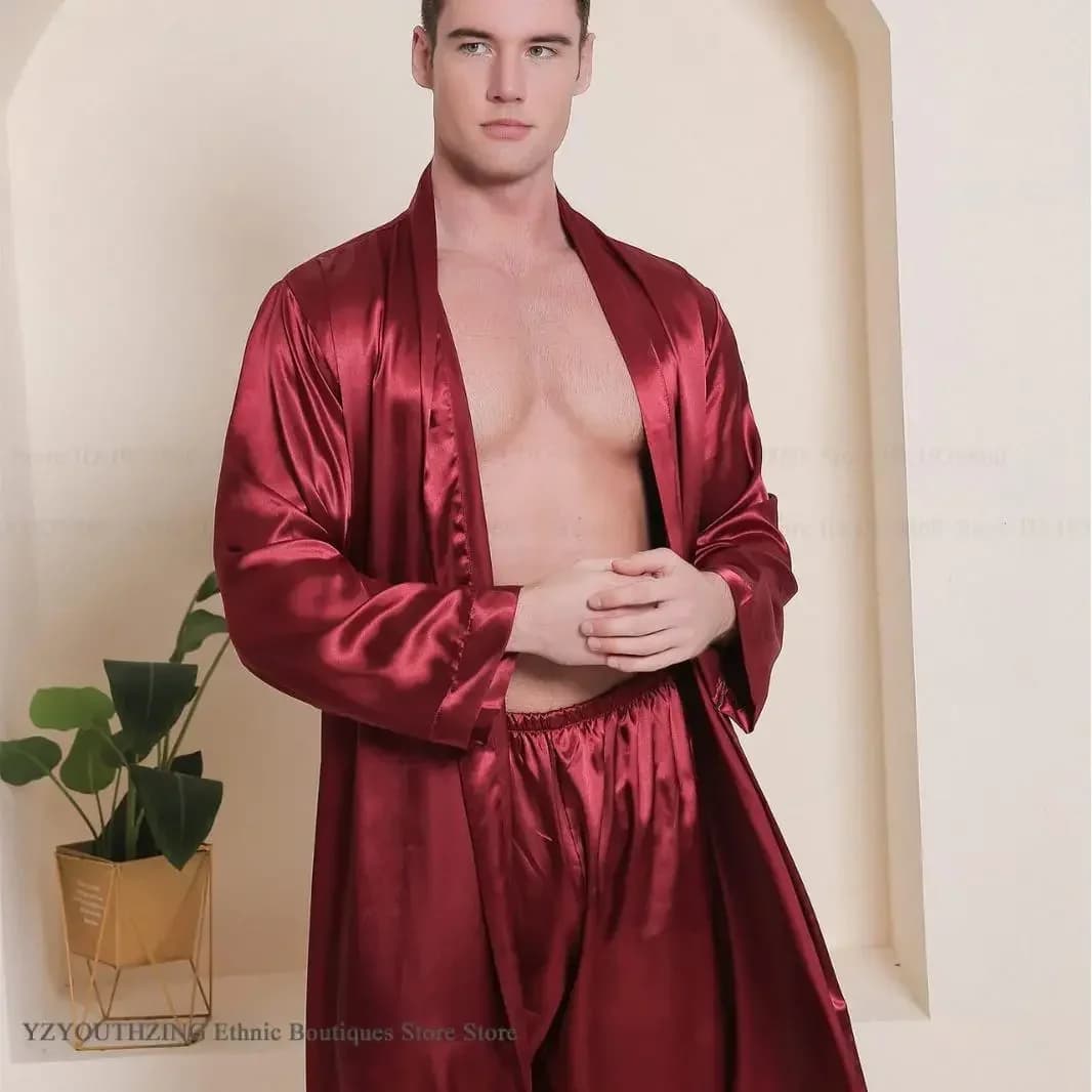 Setoso Borgogna Accappatoio in raso Accappatoio Pantaloncini Set Kimono Abito Allentato Casual Abiti per la casa Primavera Autunno Maschio 2 pezzi Pigiama da notte