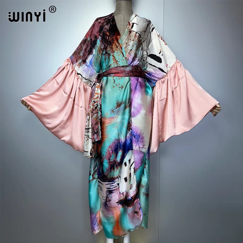 WINYI Abito da festa estivo Kimono Abbigliamento da spiaggia Costume da bagno Cover up Africa donna maniche a sbuffo larghe (ed) Cardigan boho Caftano da vacanza
