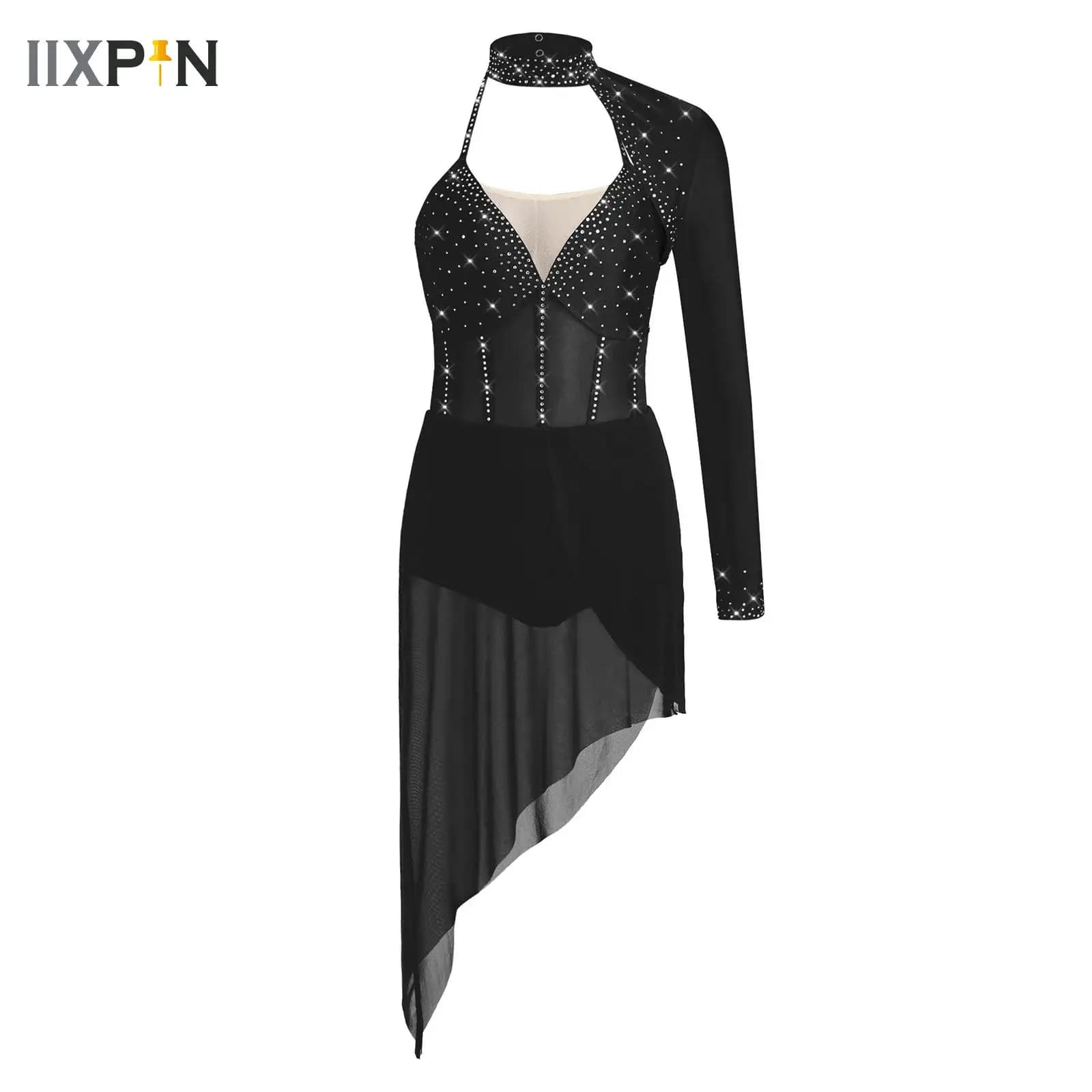 Costume da Ginnastica Ritmica per Donne, Abito da Pattinaggio Artistico, Body da Balletto con Strass e Rete Trasparente, Abbigliamento Lirico