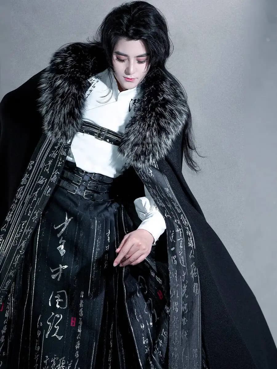New Guofeng Woolen Fabric Cloak Calligraphy Weaving Black Hair Collar Handsome Overbearing Fiesta Carnival Halloween Cosplay