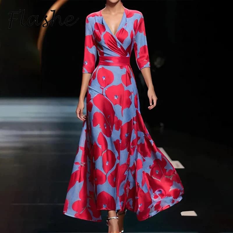 Women's Long Dress Stylish V-neck Sleeved Dress A-Line Women's Party Dresses Printed Dresses with Fashion Flowers Robe