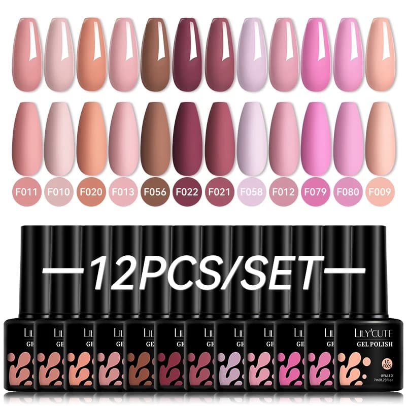 LILYCUTE 12 pezzi 7ml set di smalti gel per unghie nudo marrone rosso gel UV semipermanente per nail art manicure kit smalto gel Soak Off