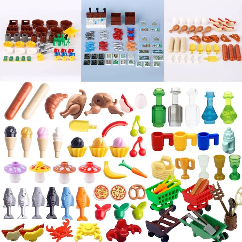 MOC City Food Building Blocks Mini Accessori Carrello della spesa Mela Pesce Hot Dog Gelato Pollo Pizza Figure Kit di mattoni Giocattolo